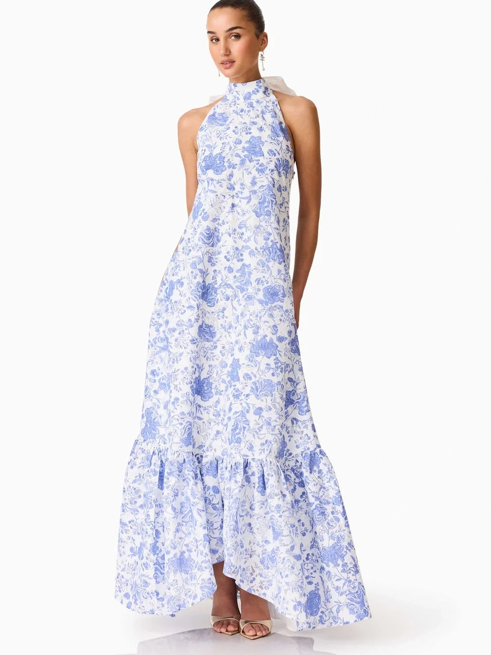 ELLIATT Elin Halter Gown in Blue Floral Wedding Guest Vacation Size S NWT - Picture 3 of 8